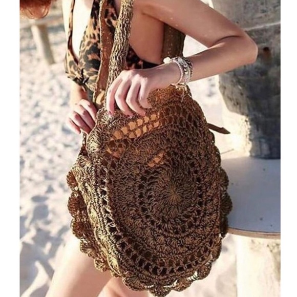 Boho coffee brown round straw bag